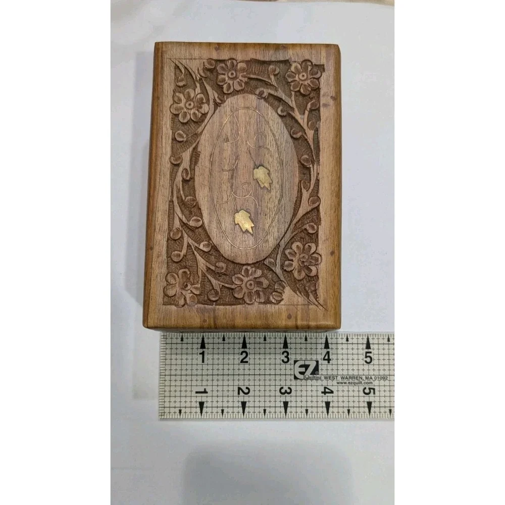 Vintage  Carved Wooden Jewelry Trinket Treasure Keepsake Inlaid 6